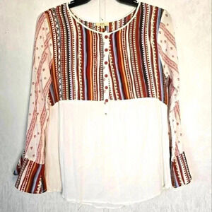 KORI America Womens M Boho Autumn Southwestern Flowy Striped Bell Sleeve Top‎